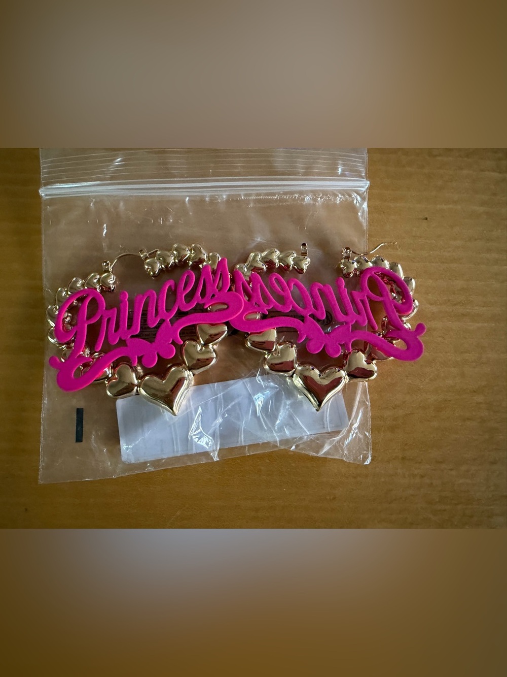 Pink "Princess" Heart Dangle Earrings - Gold Accents